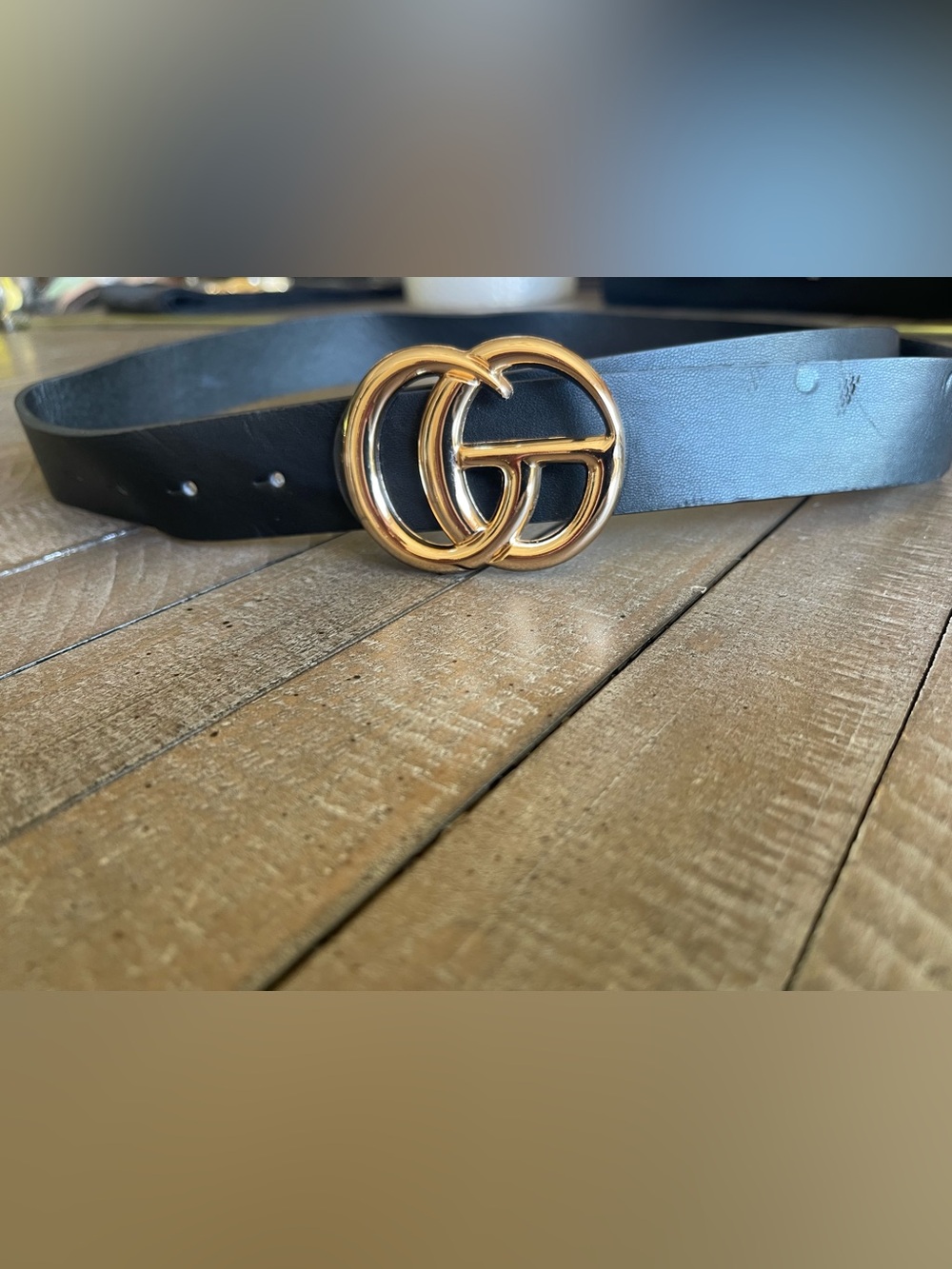 Black Leather Belt with Gold Double-G Ring Buckle